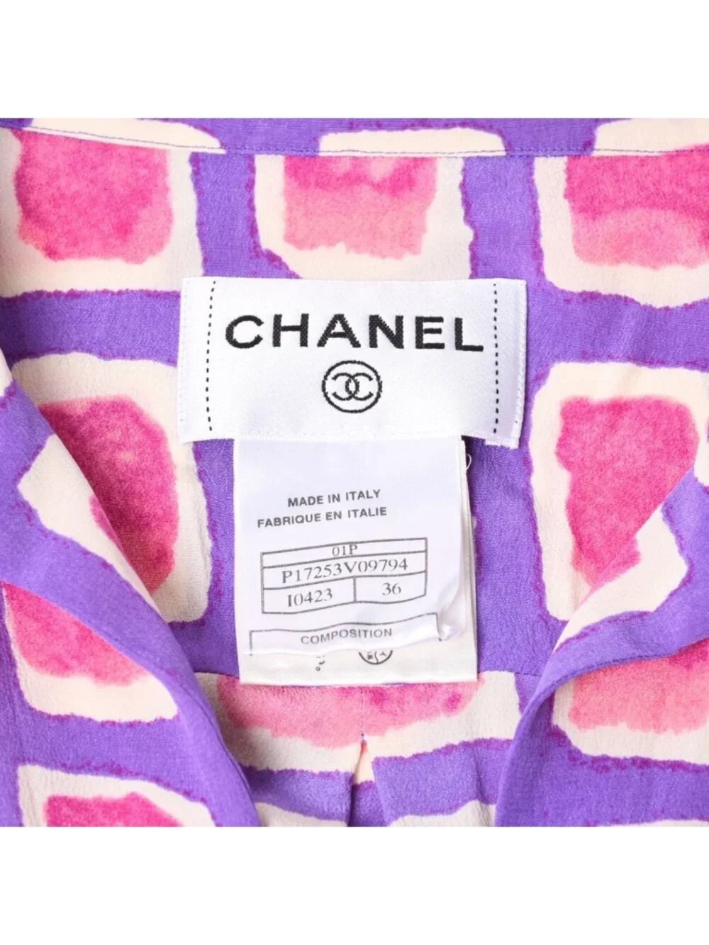 Chanel Zip Up Long Sleeve Silk Shirt CC Logo Coco Cube Purple 36